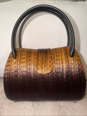 Vintage Brown and Black Woven Straw Handbag